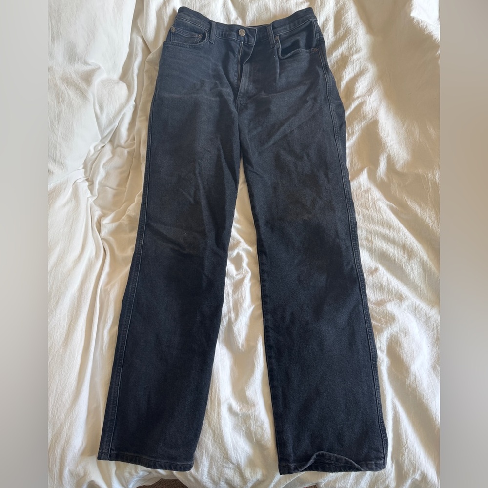 Agolde Pinch Waist Faded Black Denim Flare Jeans
